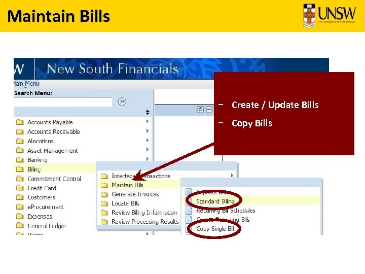 Maintain Bills – Create / Update Bills – Copy Bills 