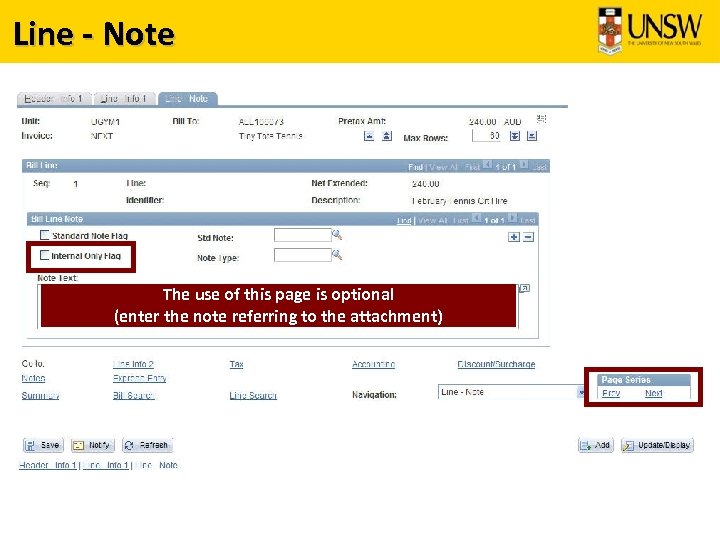 Line - Note The use of this page is optional (enter the note referring
