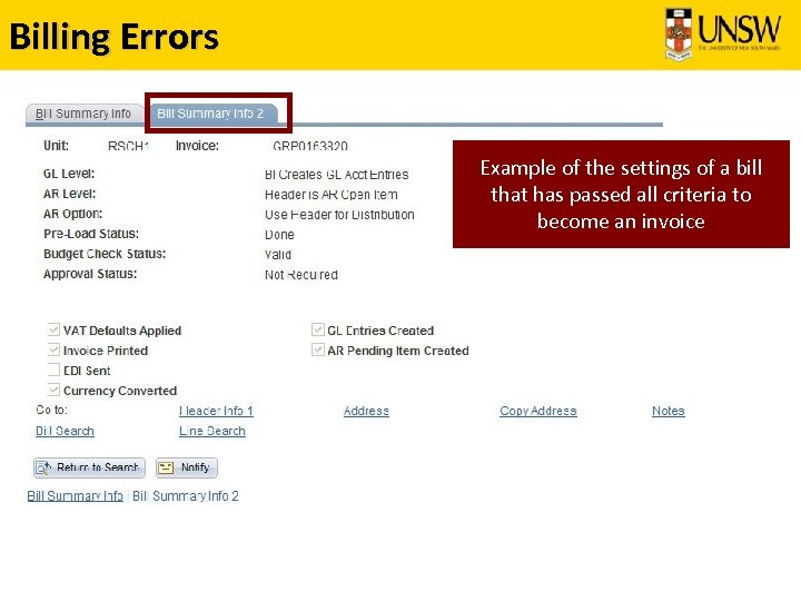 Billing Errors Example of the settings of a bill that has passed all criteria