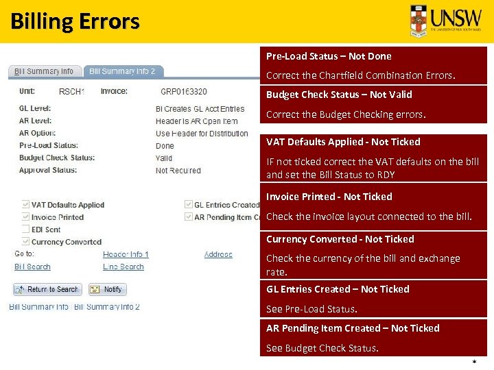 Billing Errors Pre-Load Status – Not Done Correct the Chartfield Combination Errors. Budget Check