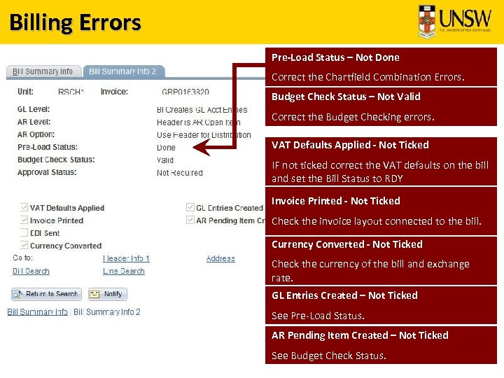 Billing Errors Pre-Load Status – Not Done Correct the Chartfield Combination Errors. Budget Check