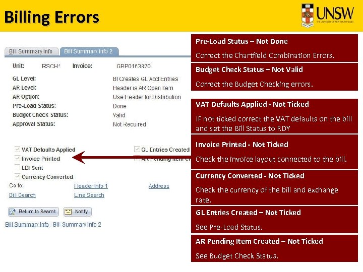 Billing Errors Pre-Load Status – Not Done Correct the Chartfield Combination Errors. Budget Check