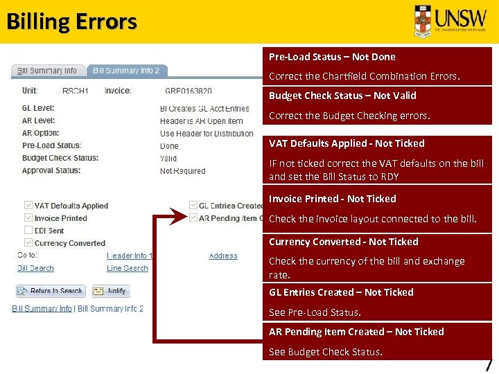 Billing Errors Pre-Load Status – Not Done Correct the Chartfield Combination Errors. Budget Check