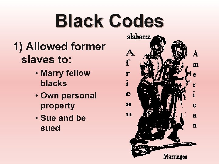 Black Codes 1) Allowed former slaves to: • Marry fellow blacks • Own personal