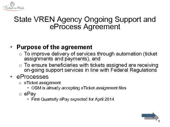 State VREN Agency Ongoing Support and e. Process Agreement • Purpose of the agreement