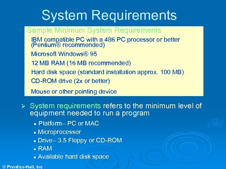 System Requirements Sample Minimum System Requirements • IBM compatible PC with a 486 PC