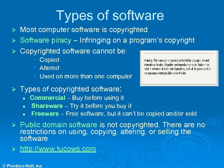 Types of software Most computer software is copyrighted Ø Software piracy – Infringing on