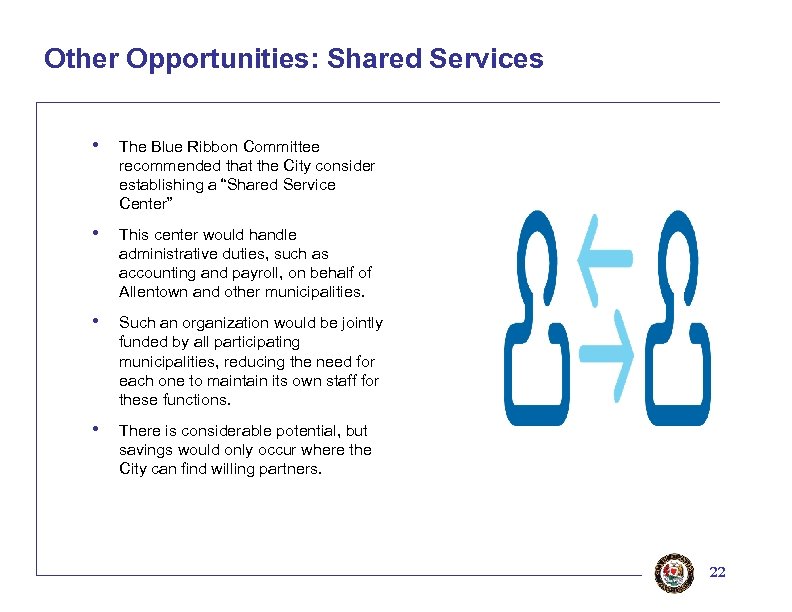 Other Opportunities: Shared Services • The Blue Ribbon Committee recommended that the City consider