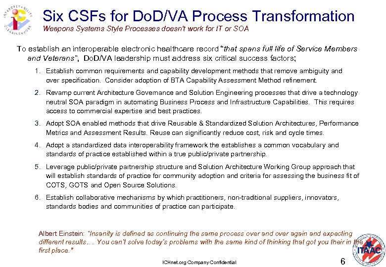 Six CSFs for Do. D/VA Process Transformation Weapons Systems Style Processes doesn’t work for