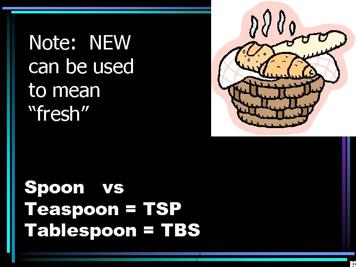Note: NEW can be used to mean “fresh” Spoon vs Teaspoon = TSP Tablespoon