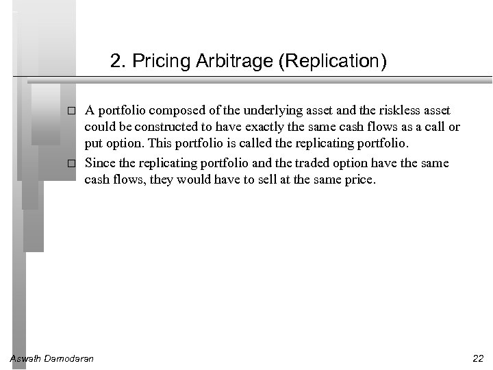 2. Pricing Arbitrage (Replication) A portfolio composed of the underlying asset and the riskless