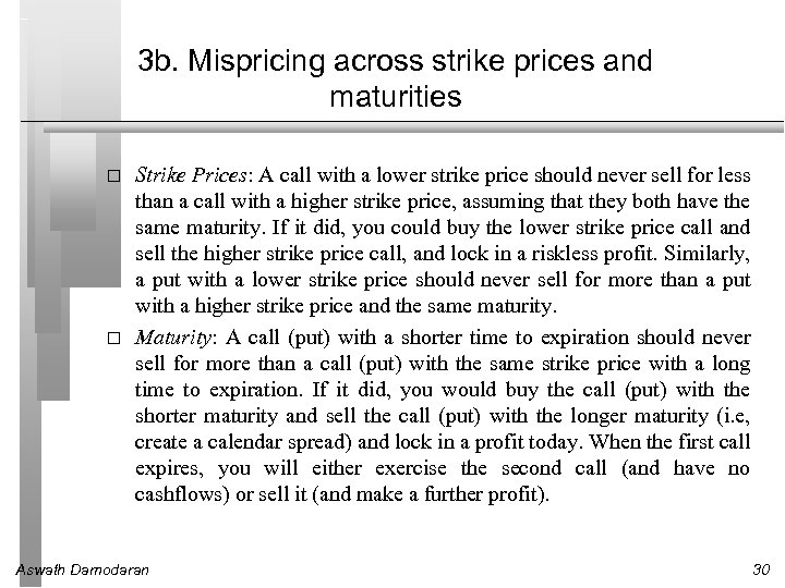 3 b. Mispricing across strike prices and maturities Strike Prices: A call with a