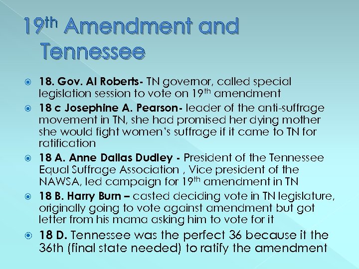 19 th Amendment and Tennessee 18. Gov. Al Roberts- TN governor, called special legislation