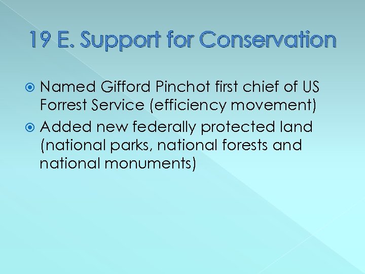 19 E. Support for Conservation Named Gifford Pinchot first chief of US Forrest Service