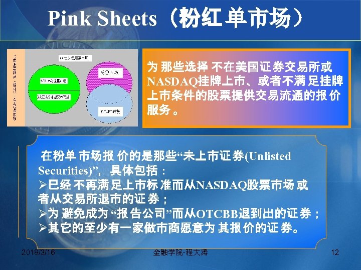 Pink Sheets（粉红 单市场） 为 那些选择 不在美国证 券交易所或 NASDAQ挂牌上市、或者不满 足挂牌 上市条件的股票提供交易流通的报 价 服务 。 在粉单