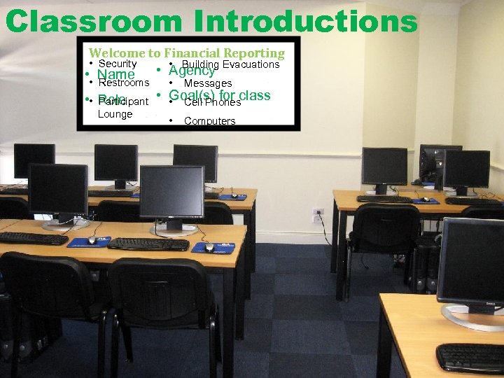 Classroom Introductions Welcome to Financial Reporting • Security • • Name Restrooms • Building