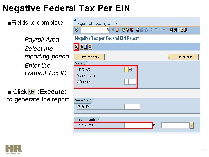 Negative Federal Tax Per EIN ■Fields to complete: – Payroll Area – Select the