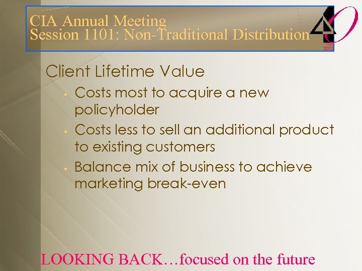 CIA Annual Meeting Session 1101: Non-Traditional Distribution Client Lifetime Value • • • Costs