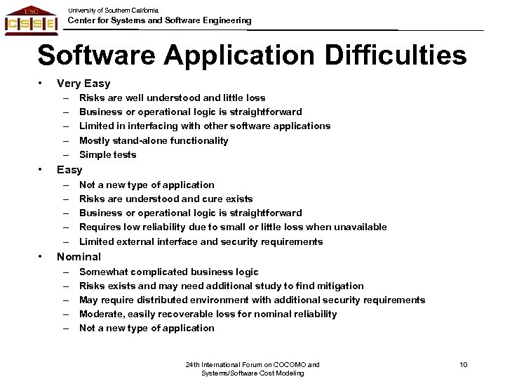 University of Southern California Center for Systems and Software Engineering Software Application Difficulties •
