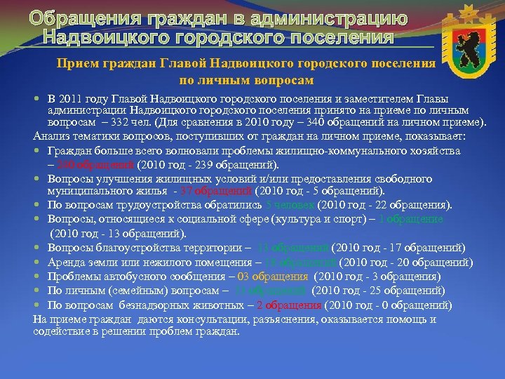 Обращения граждан в администрацию Надвоицкого городского поселения Прием граждан Главой Надвоицкого городского поселения по
