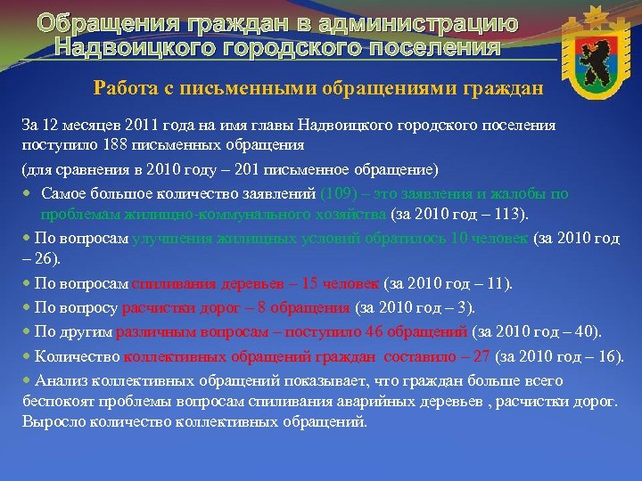 Обращения граждан в администрацию Надвоицкого городского поселения Работа с письменными обращениями граждан За 12