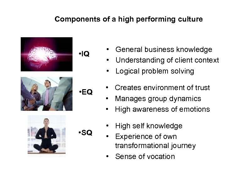 Components of a high performing culture • IQ • EQ • SQ • General