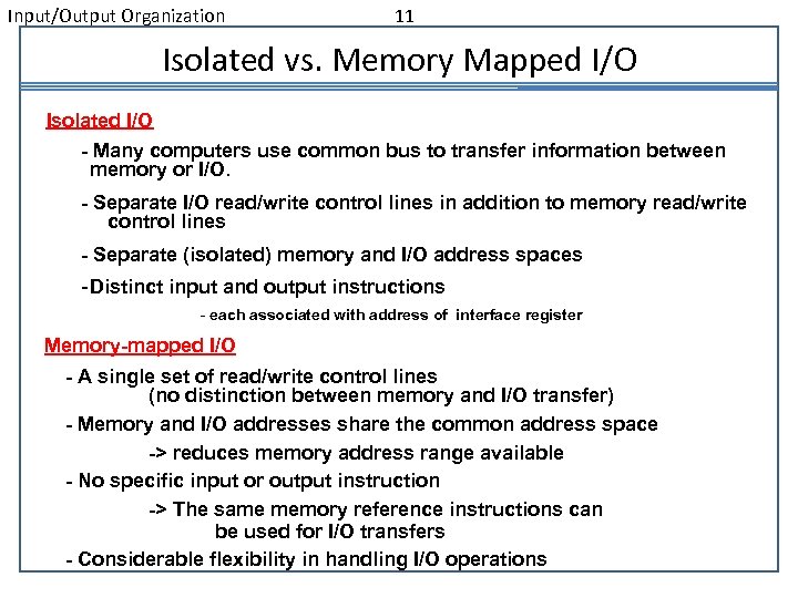 Input/Output Organization 11 Isolated vs. Memory Mapped I/O Isolated I/O - Many computers use