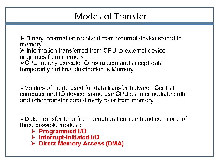 Modes of Transfer Ø Binary information received from external device stored in memory Ø