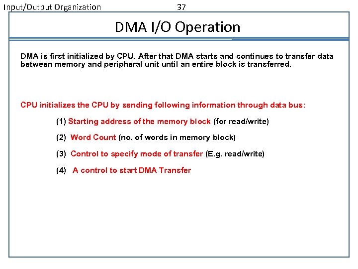 Input/Output Organization 37 DMA I/O Operation DMA is first initialized by CPU. After that