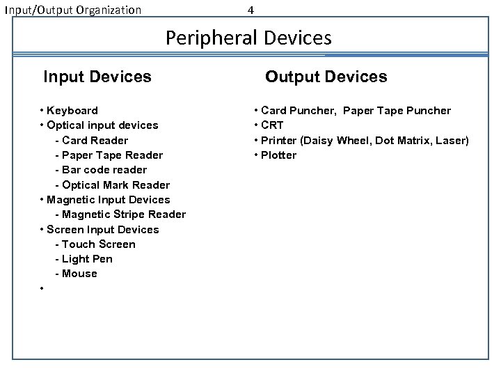 Input/Output Organization 4 Peripheral Devices Input Devices • Keyboard • Optical input devices -