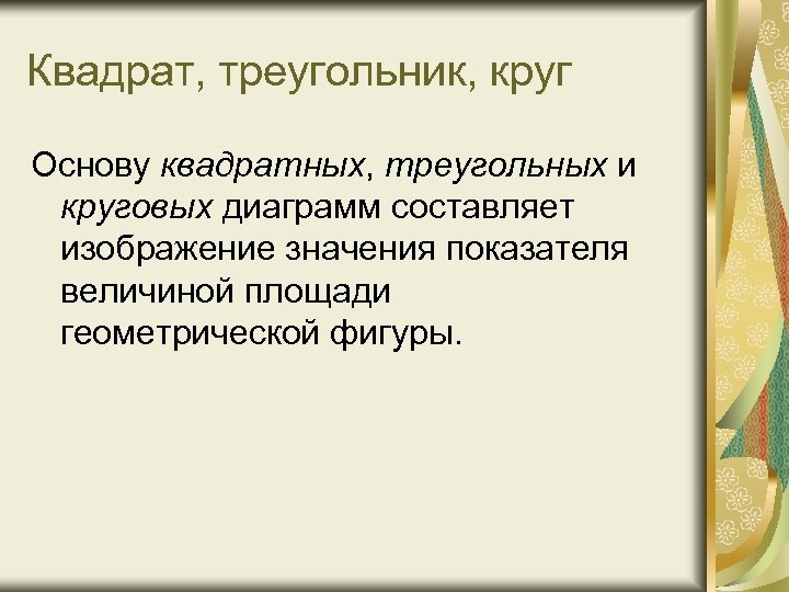 Квадрат, треугольник, круг Основу квадратных, треугольных и круговых диаграмм составляет изображение значения показателя величиной