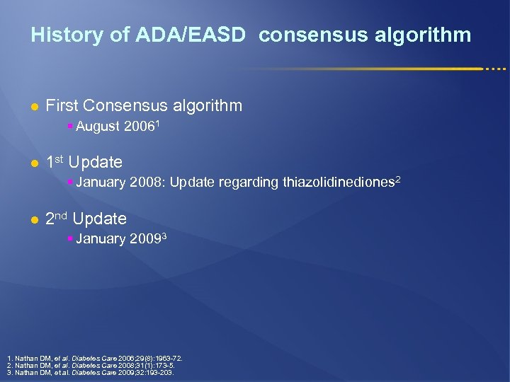 History of ADA/EASD consensus algorithm l First Consensus algorithm § August 20061 l 1