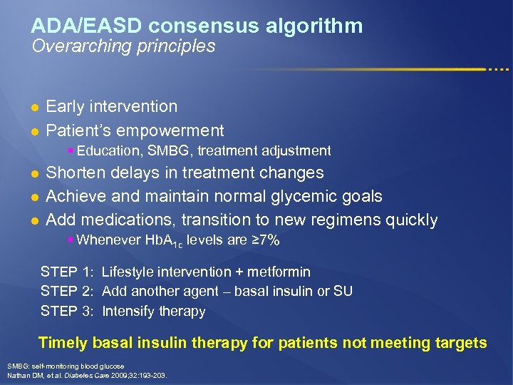 ADA/EASD consensus algorithm Overarching principles l l Early intervention Patient’s empowerment § Education, SMBG,