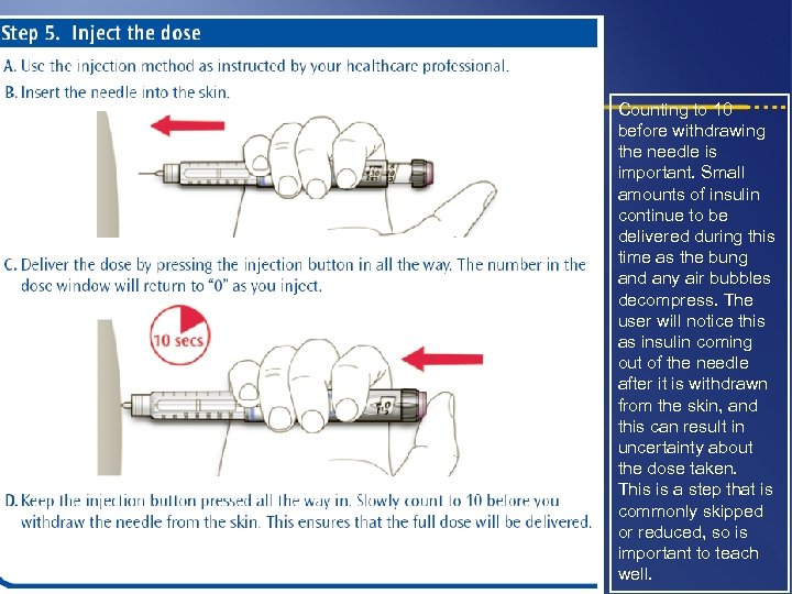 Counting to 10 before withdrawing the needle is important. Small amounts of insulin continue