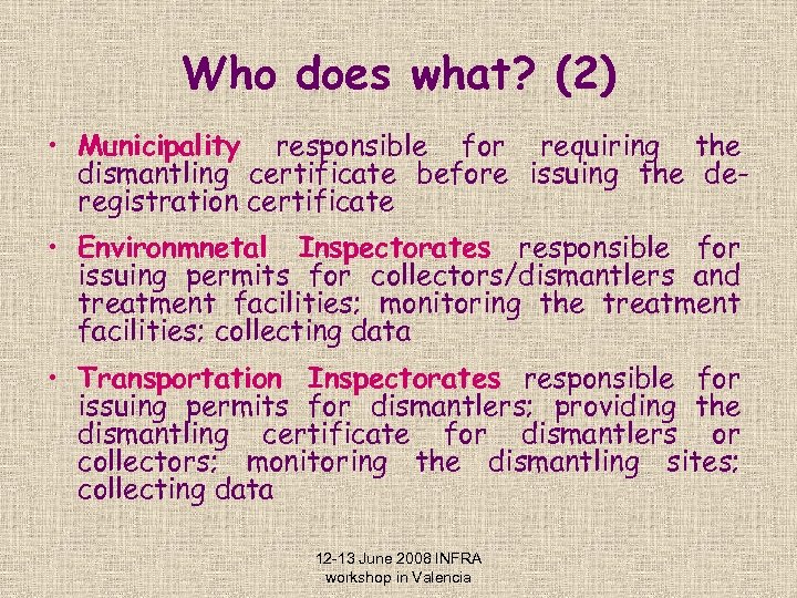 Who does what? (2) • Municipality responsible for requiring the dismantling certificate before issuing