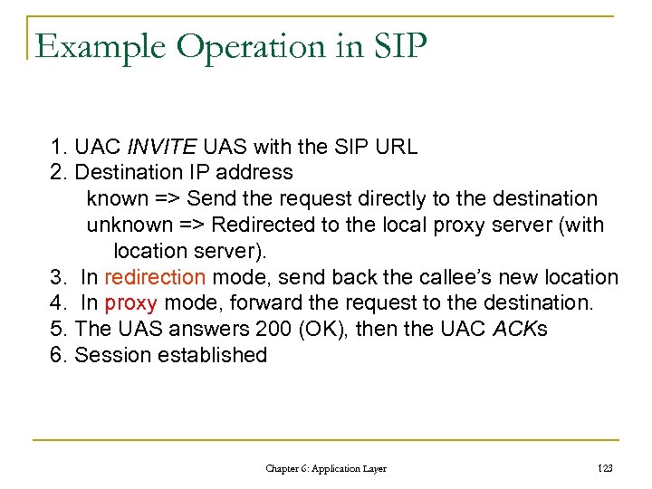 Example Operation in SIP 1. UAC INVITE UAS with the SIP URL 2. Destination