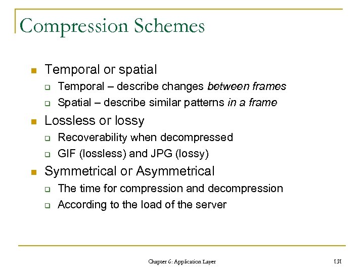 Compression Schemes n Temporal or spatial q q n Lossless or lossy q q