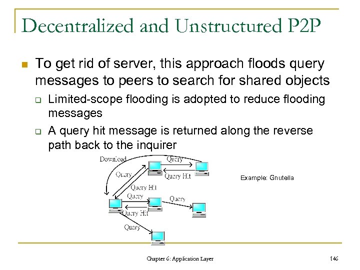 Decentralized and Unstructured P 2 P n To get rid of server, this approach