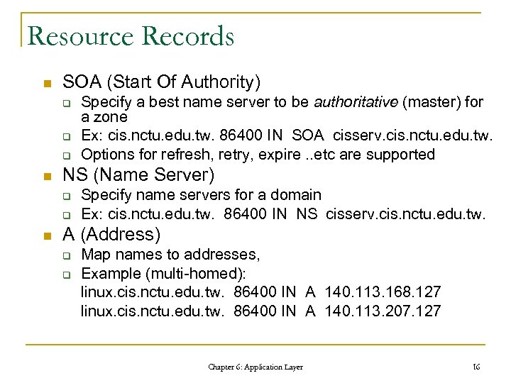 Resource Records n SOA (Start Of Authority) q q q n NS (Name Server)