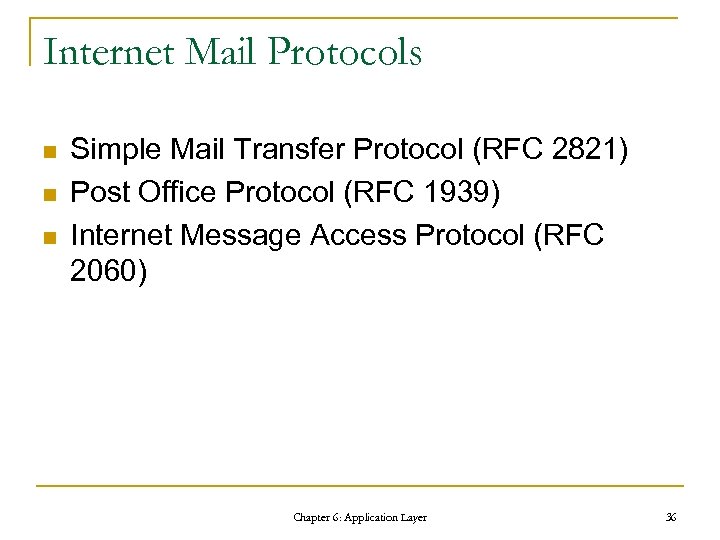 Internet Mail Protocols n n n Simple Mail Transfer Protocol (RFC 2821) Post Office