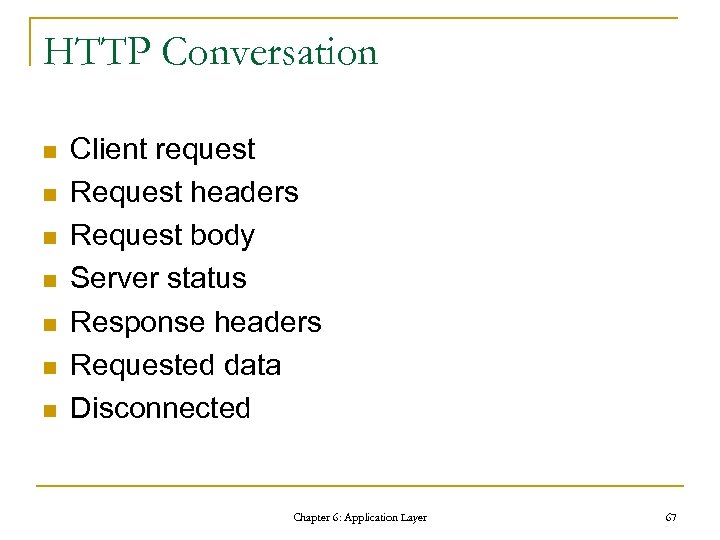 HTTP Conversation n n n Client request Request headers Request body Server status Response