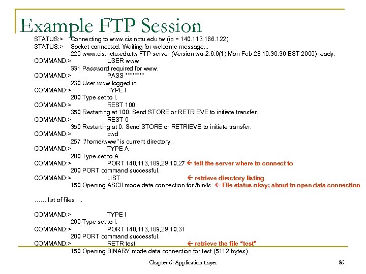 Example FTP Session STATUS: > Connecting to www. cis. nctu. edu. tw (ip =