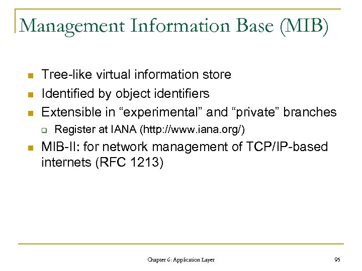 Management Information Base (MIB) n n n Tree-like virtual information store Identified by object