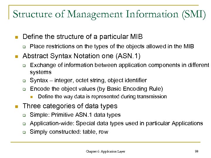 Structure of Management Information (SMI) n Define the structure of a particular MIB q