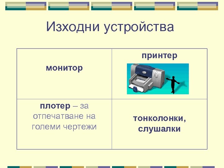 Изходни устройства принтер монитор плотер – за отпечатване на големи чертежи тонколонки, слушалки 