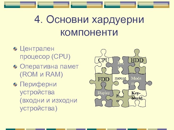 4. Основни хардуерни компоненти Централен процесор (CPU) Оперативна памет (ROM и RAM) Периферни устройства
