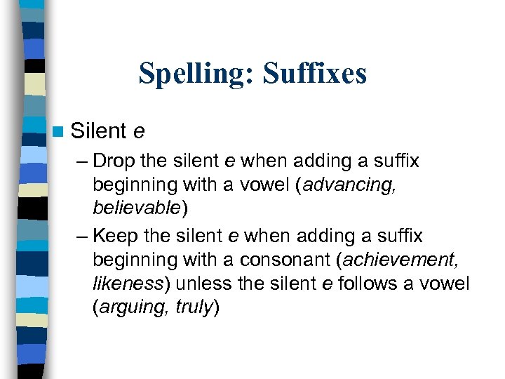 Spelling: Suffixes n Silent e – Drop the silent e when adding a suffix