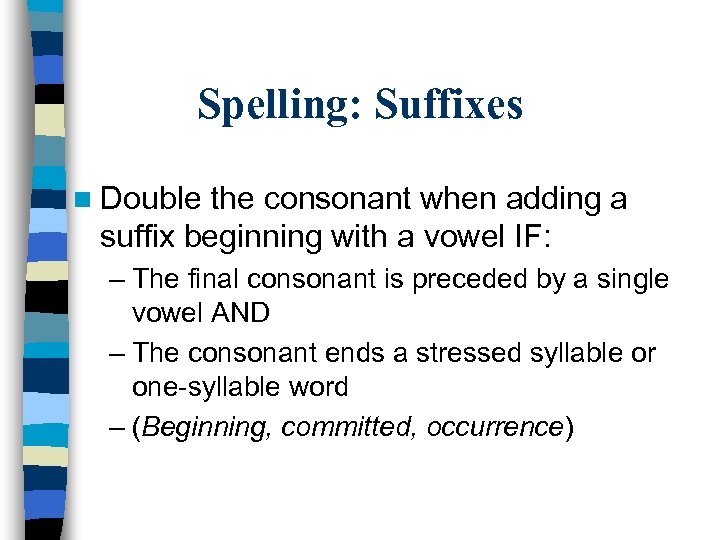 Spelling: Suffixes n Double the consonant when adding a suffix beginning with a vowel