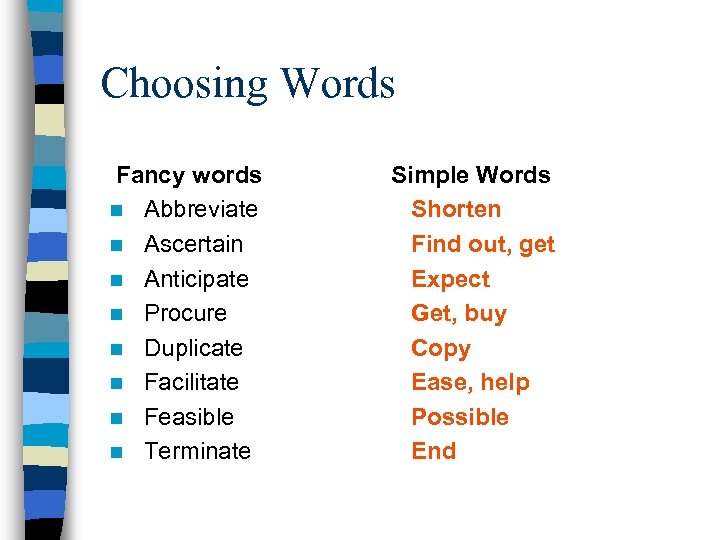 Choosing Words Fancy words n Abbreviate n Ascertain n Anticipate n Procure n Duplicate