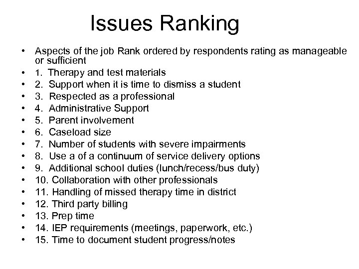 Issues Ranking • Aspects of the job Rank ordered by respondents rating as manageable